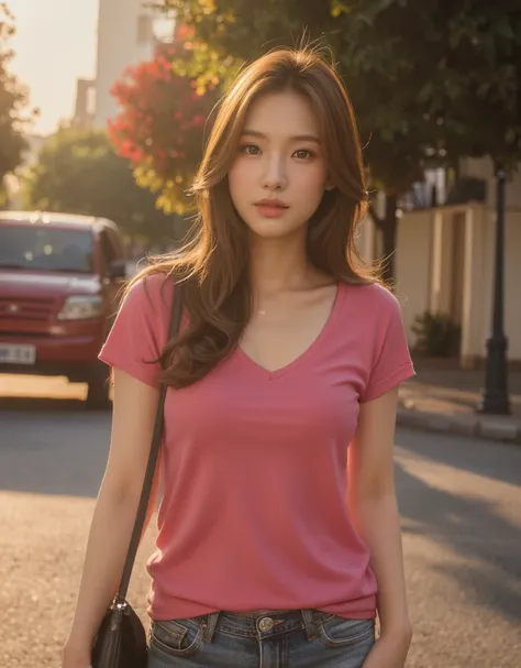 a beautiful woman walking down a street, pink t-shirt, faded blue jeans, sun-lit, red car passing in background, shimmering ligh...