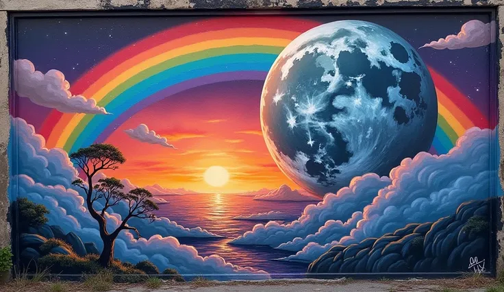 Un grafitti dUne superbe lune, soleil couchant, un arc en ciel, ecrit "miss U"