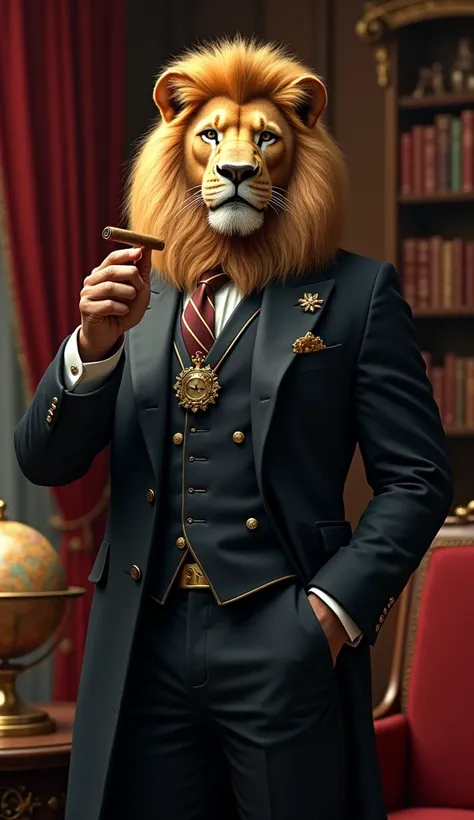 United Kingdom – Lion "Portray the UKs crime boss as a powerful lion with a human body, dressed in a luxurious suit and wearing a gold pocket watch. He should exude authority and confidence, standing in a richly decorated Victorian-style office. His golden...