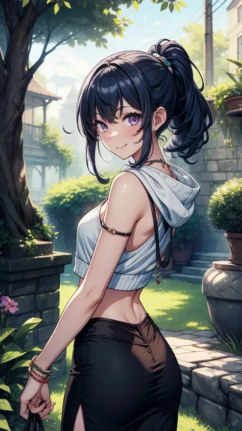 ((((masterpiece, best quality:1.3, high detail)))), beautiful woman, looking at viewer, long wavy hair, (dark blue hair), purple eyes, low ponytail, (small breasts), (white hoodie), (black midi pencil (skirt)), (long skirt), collarbone, midriff, necklace, ...