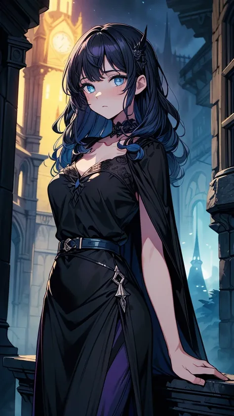 ((((masterpiece, best quality:1.3, high detail)))), beautiful woman holding book, long wavy hair, (dark blue hair), hairpin, bright blue eyes, (purple blouse), ((long black skirt)), pencil skirt, (((long black skirt))), belt, collarbone, ((atmospheric)), (...