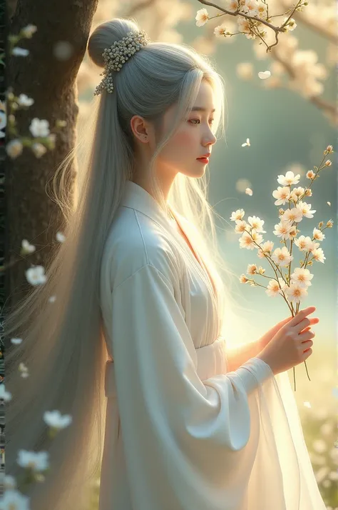 Perfect details,High definition,Realistic,
Gold outline Beautiful and peaceful scene of a young woman in a traditional white robe, swaying like an ancient immortal, leaning against a tree in a field of white flowers. He holds a delicate branch decorated wi...