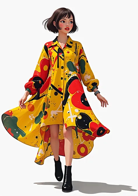  2025 spring and autumn loose shirt dress art design，Jean-Michel Basquiat street graffiti pattern style ， Super Pretty Girl Model Poppy Flower Form，British Vivienne Westwood Clothing Style ，Chiffon fabric ， high quality fabric ，--Aspect Ratio 1 : 2 --quali...