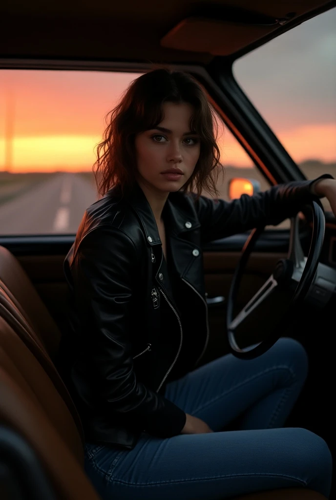 A girl with brown slanted eyes in a black leather jacket and jeans leans on the steering wheel. Dark brown interior upholstery.. Her brown hair is slightly disheveled, falling over her shoulders. Background: deserted highway, sunset sky.