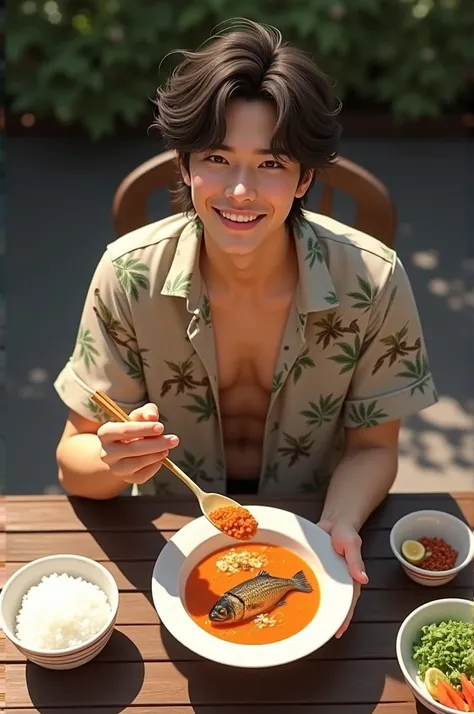 Create a picture of a handsome young Japanese man looking cute like a 20-year-old star, cute, wavy hair, modern style, smiling, making eye contact, wearing blue casual Hawaiian clothes, sitting on a dark brown tile floor, he has a white rice bowl on the le...