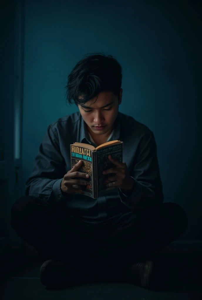 "Create a dark and moody image depicting a young man struggling with masturbation addiction. Show him sitting in a dimly lit room, looking distressed, with shadows representing dark thoughts surrounding him. He should be holding a book titled End Tha Cycle...