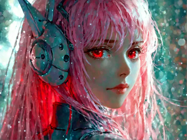 1 woman, with long pink hair, very red eyes, sad face expression but at the same time soothed face, charismatic and beautiful , she wears futuristic clothes, a little smile on her innocent face