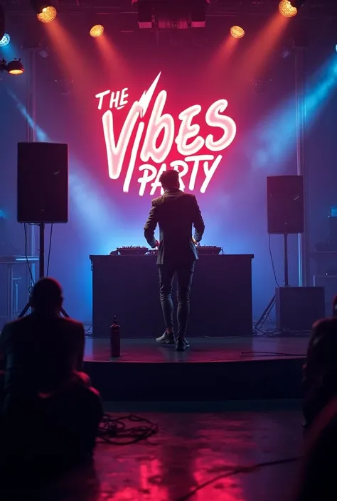 Create a dj stand with dj playing , dj should be dressed with swag and the stand should have a signage “the vibes party “