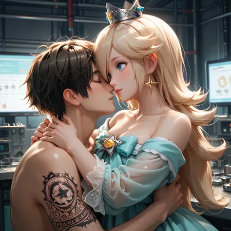 Princess Rosalina has a handsome boyfriend, they are in a lovely relationship, Princess Rosalina is hugging her boyfriends neck, they are the best couple ever, they are in a factory, a fire tattoo on Princess Rosalinas arm 