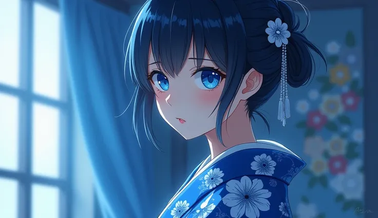 masterpiece Beautiful anime portrait of a japanese woman ,Blue monochrome，Oriental Wallpaper，Pink，Feeling，very anime style，Japanese Samurai，Flowers，Close-up，Soft Light，Rich in details，The expression is firm，Kimono decoration，Background blur，Vivid colors，Fe...