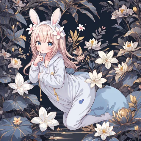  1 girl,Anime、Put on the blue rabbit kigurumi、 cute pose、Plumeria flower、