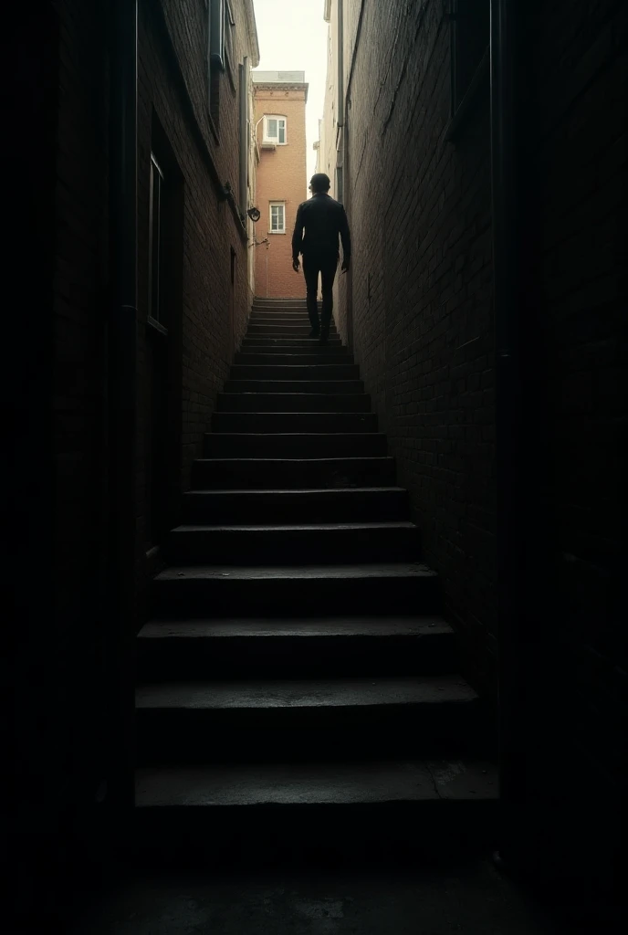 The protagonist finds a hidden alley with a narrow staircase leading up to a rooftop. The camera follows them climbing up, representing the first steps toward achieving a dream