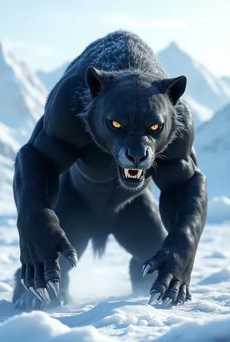 Make a realistic fusion of Black Panther with Polar Bear in angry mood 