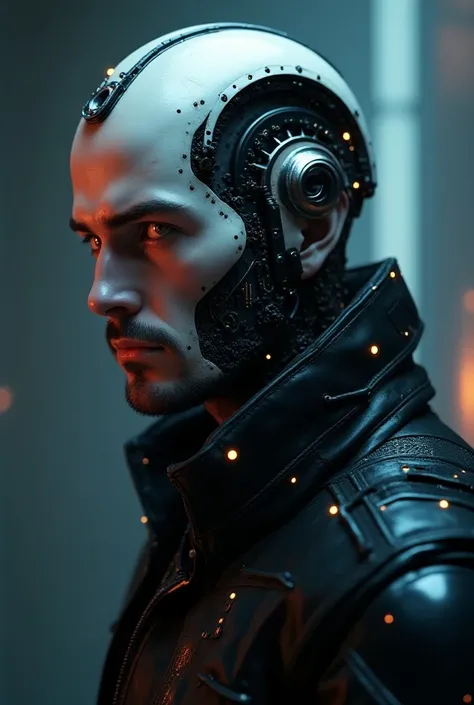 "A hyperrealistic cyborg man with a serious expression, looking straight ahead in a medium shot, showing his entire head. The design is in a cyberpunk style, with detailed metallic components integrated into his face and skull, glowing circuits, and neon a...