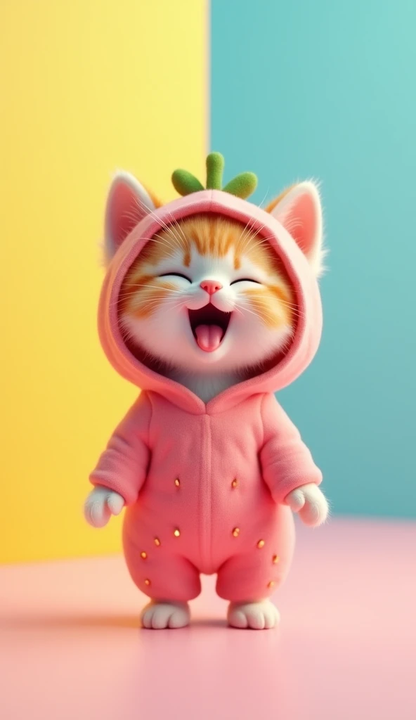  kittens stand in a hooded cotton strawberry suit　 opens her mouth　 a country of yellow, pink, and light blue　Just one cat 　3D cute kitten