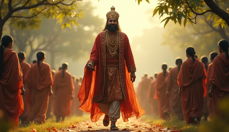 "The king walking among his happy and contented subjects in a peaceful kingdom."A king dressed in royal robes with Indian mythology.He smiles warmly, with people bowing in respect as they greet him. The landscape is lush and vibrant, symbolizing prosperity...