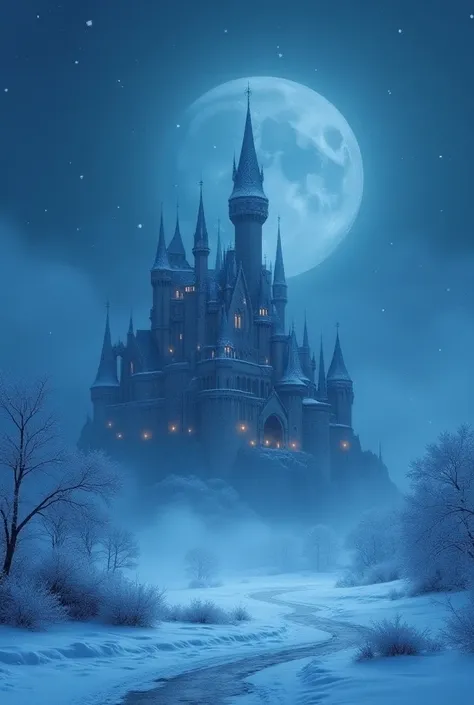 Large-scale, gorgeous castle, winter, snowy field, snow, masterpiece, night, lonely