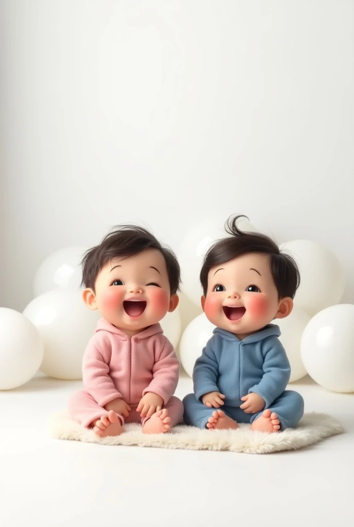  a fair-skinned baby , with pink clothes, laughing out loud, dark brown hair, brown eye; Another fair-skinned baby , with blue clothes, laughing out loud, dark brown hair, brown eye; sitting on a white carpet ,  photo studio with white background,  white g...