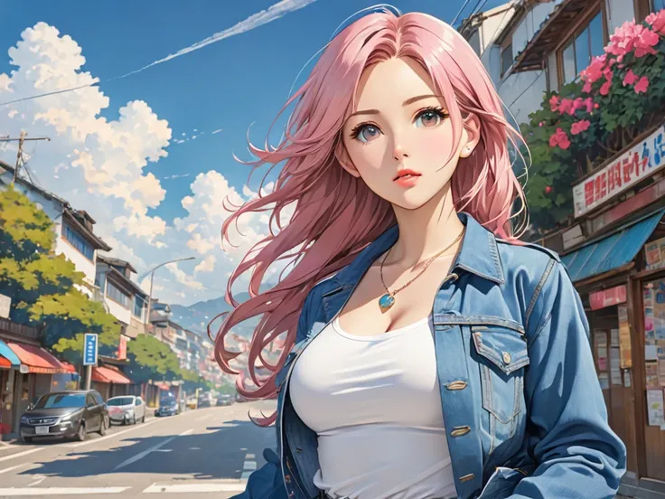 1girl, solo, pink_hair, long_hair, jacket, brown_eyes, shirt, parted_lips, white_shirt, pants, denim, jewelry, breasts, blue_jacket, necklace, open_clothes, lips, sky, day, open_jacket, medium_breasts, long_sleeves, nose, jeans, looking_to_the_side, anime