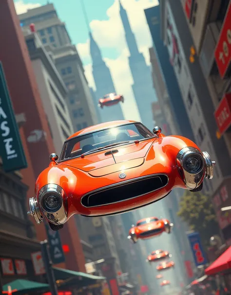 a levitating atomic design cars hovering a city streets, a 1950 retro futurism marvel, vibrant paint work, masterpiece