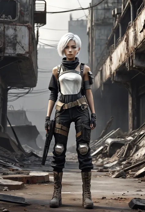 futuristic character, full body, slim body, short hair, white hair, standing in post apocalyptic