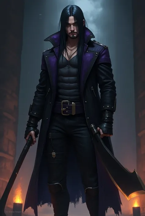  dark-skinned anime-style man , Very long and smooth black hair , Small goatee style beard on his face ,  especially black overcoat with purple details and a mechanical leg , he carries a long, sharp sickle in his hands and carries a knife in a holster on ...