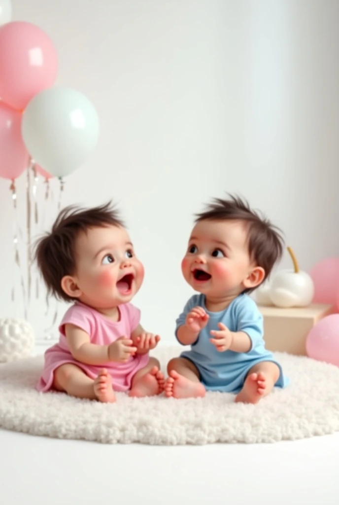 A white-skinned baby , with pink clothes, laughing out loud, dark brown hair, brown eye;  another white-skinned baby , with blue clothes, laughing out loud, dark brown hair, brown eye; sitting on a white carpet ,  photo studio with white background,  with ...