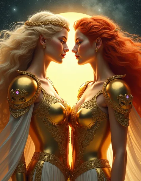  Beautiful Twin Goddesses Wearing Golden Armor with Gemini as Motifs。Gemini Goddesses 。Greek。 Blonde Sister and Red-Haired Sister 