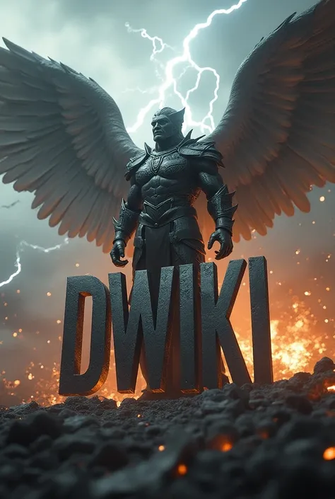 3D words that say "DWIKI" Background of a war angel