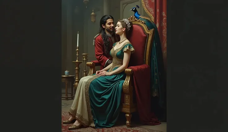 The princess in the old Turkish sultanate is sitting on her throne and the man she loves confesses his love to the princess. Both of their faces look happy and there are beautiful peacocks around the princesss throne. The whole body of the princess and the...