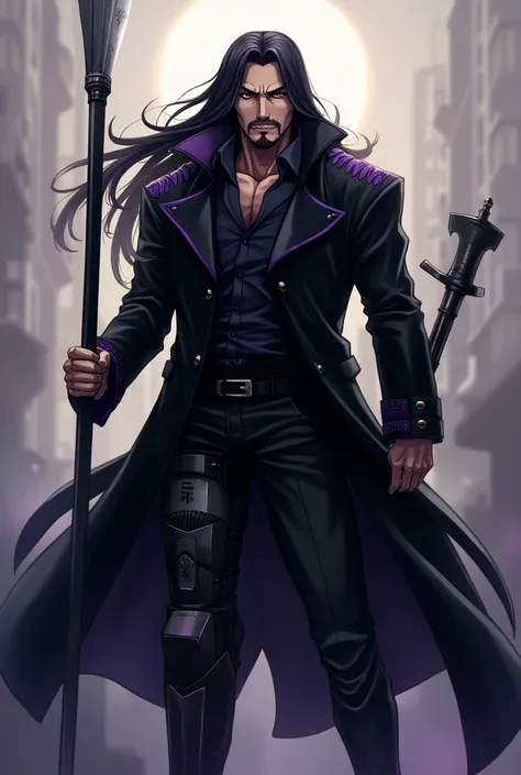  dark-skinned anime-style man , Very long and smooth black hair , Small goatee style beard on his face ,  especially black overcoat with purple details and a mechanical leg , he carries a long, sharp sickle in his hands and carries a knife in a holster on ...