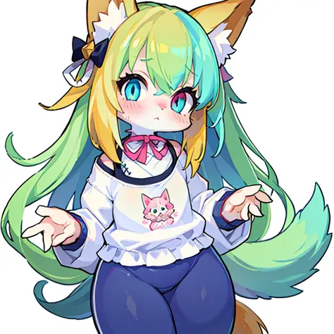 1 girl, kawaii, cute fox |  yellow hair green highlights | blue eyes,  heterochromia | hairy pink skin  | with a fluffy syrup  |...