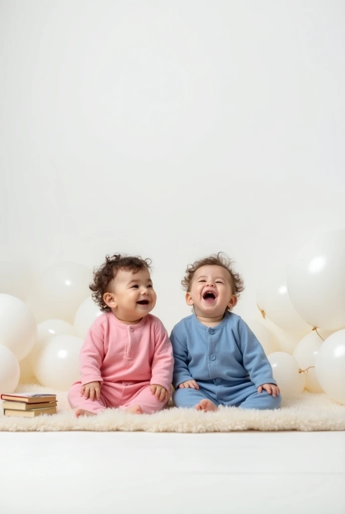 A baby, with pink clothes, laughing out loud, dark brown hair, brown eye; Another baby, with blue clothes, laughing out loud, dark brown hair, brown eye; sitting on a white carpet , with white ,  balloons in a photo studio with white background, book cover...