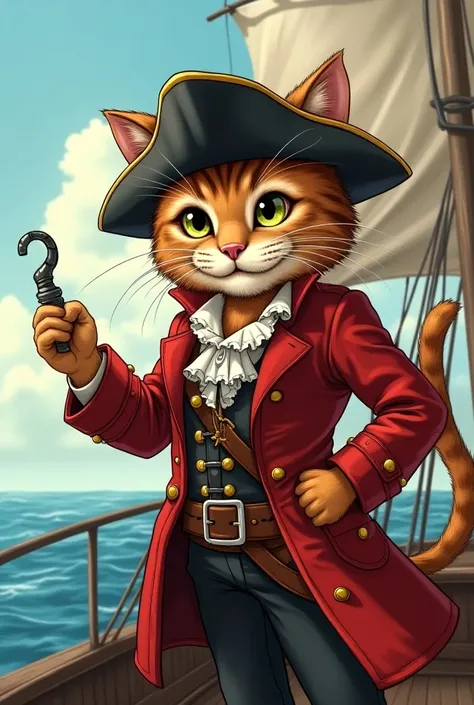 I want a cat wearing the clothes of a pirate captain with a garrucha in his hand 