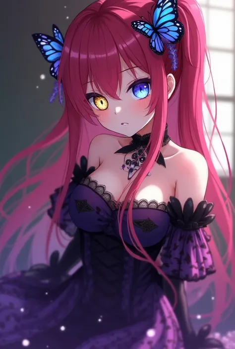 An Anime girl with an extraordinary beauty ,  her skin is usually described as  "as white as porcelain "  y She has reddish pink hair , ranging from light pink to telemagenta, Her notable accessories are twin butterfly-shaped ribbons on either side of her ...