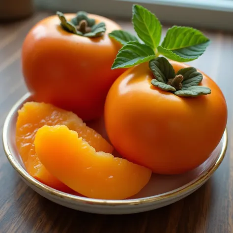  beautifully placed on a plate 、Colorful,  fresh fruit ,  includes sweet persimmons , Sliced crispy persimmons , Cleverly placed on the desktop.  A mint sprig adds a green accent ,  Soft natural light enhances the color ,  to make the fruit look mouth-wate...