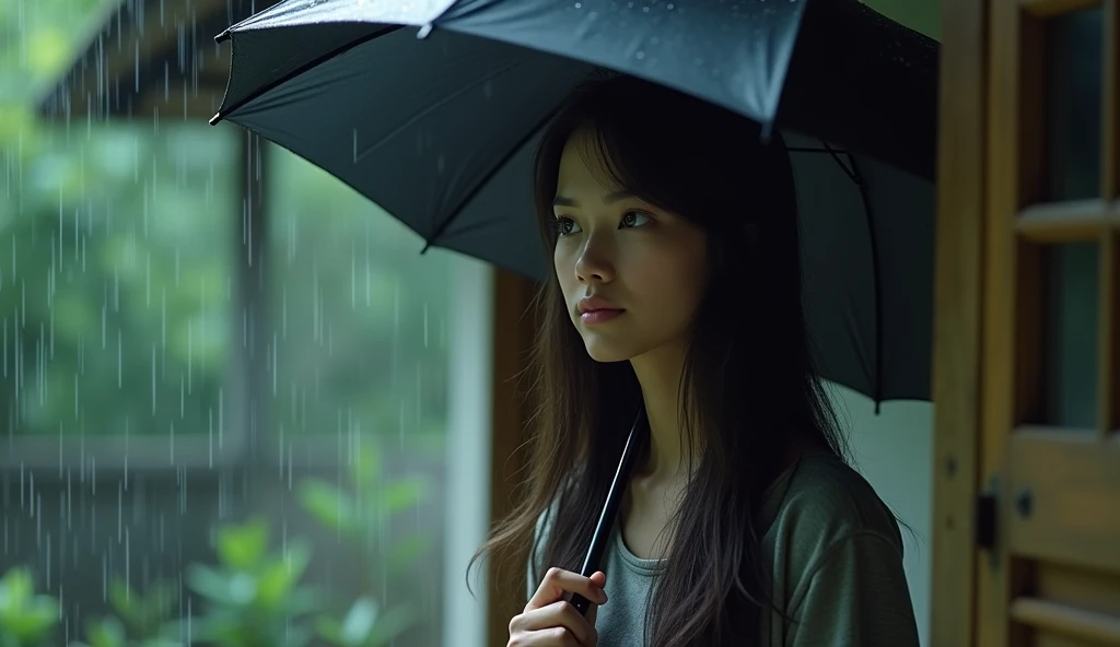  beautiful 25-year-old woman , long haired  ,  looking out of a simple house,during heavy rain ,  using umbrella , ,  realistic photos of Indonesians 