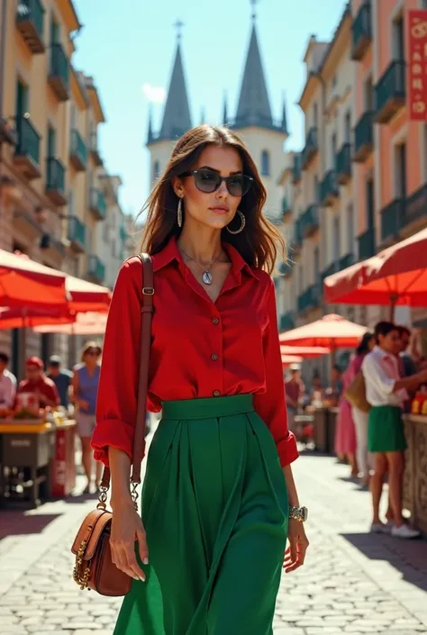 Make this model brunette in red and green shopping around the city of Madrid in Spain 