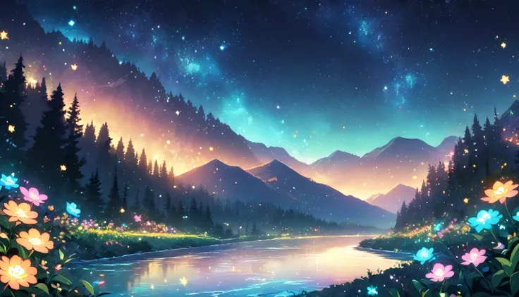 Glowing Forest Dark Night Sparkling Lofi anime style , landscape , Glowing Flower, colorful , mountain ,river ,forest