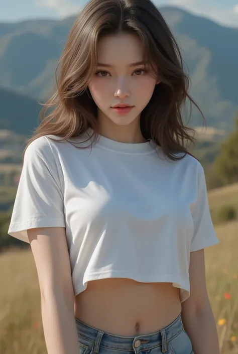 A stunning 8K masterpiece A young woman wears a large, wide-necked t-shirt. Bending down to pick up the ball on the ground eyes looking ahead This causes the collar to open wide due to gravity. An image of a beautiful breast appeared inside.