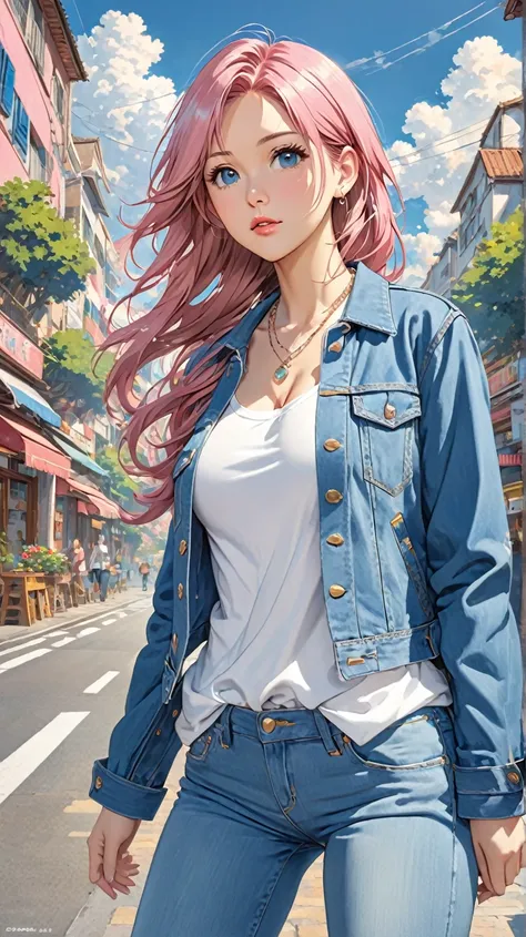 1girl, solo, pink_hair, long_hair, jacket, brown_eyes, shirt, parted_lips, white_shirt, pants, denim, jewelry, breasts, blue_jacket, necklace, open_clothes, lips, sky, day, open_jacket, medium_breasts, long_sleeves, nose, jeans, looking_to_the_side, anime