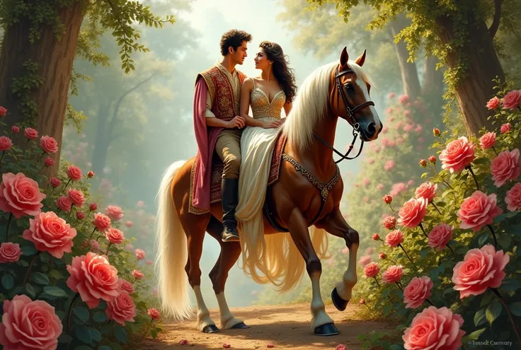 The princess of the ancient Turkish sultanate is on a horse and the man the princess loves takes the princess to ride a horse in the beautiful heavenly rose garden. The whole body of the princess and the man fit on the screen and detailed oil painting.Simp...