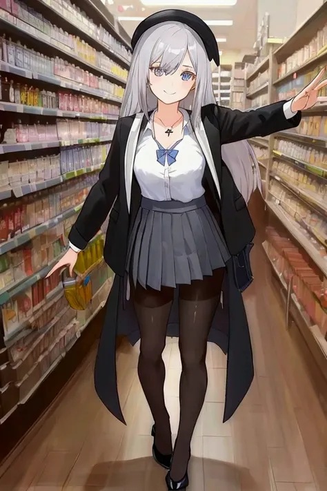 masterpiece  ,   Best quality,  HD,  in Supermarket,  on shelves with alcohol,  girl,  sensual,  sexy , bluesilver hair,  very very very long hair,  school clothes,  black,  short pleated skirt, schwarz,  transparent over the knee ,schwarz , necklace, Cros...