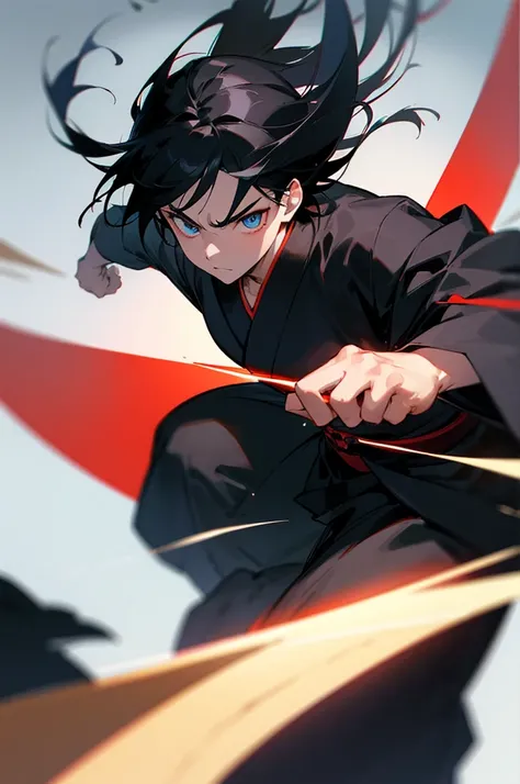 Concentrated and strong expression, Black Haired Boy, Black kimono with red accents,  dynamic palm bottom pose, The bottom of the palm with a blue flash on the hand、An attitude that pushes out the bottom of the palm, Staring ahead with a sharp gaze, Sparkl...