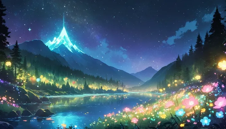 Glowing Forest Dark Night Sparkling Lofi anime style , landscape , Glowing Flower, colorful , mountain ,river ,forest