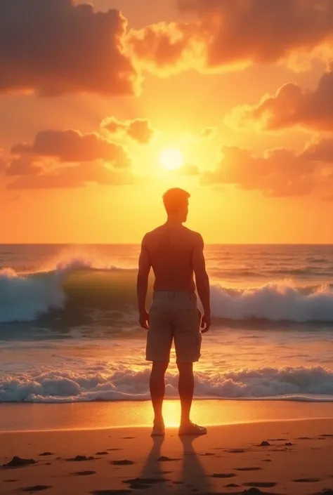 a man is standing on a beach at sunset, with waves crashing—symbolizing freedom and the endless possibilities ahead