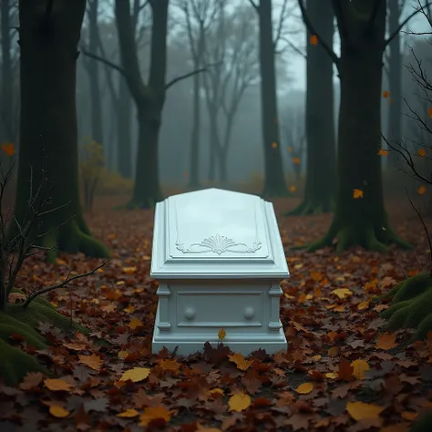 A snow-white coffin in the middle of the autumn forest