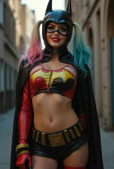 full-body shot of Harley Quinn wearing a cheap 70s-style Batman costume