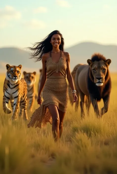 (photorealism:1.2), seorang wanita indian tersenyum ,memakai baju dari kulit kayu sedang berjalan membawa panah di padang sabana bersama seekor ceetah ,singa dan hatimau serta seekor bison