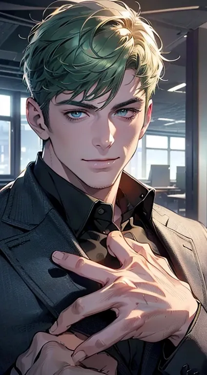 (best quality,4k,8k,highres,masterpiece:1.2),ultra-detailed,(realistic,photorealistic,photo-realistic:1.37),1 man,3,mature man,very handsome,without expression,smile,short green hair,blue eyes,penetrating gaze,perfect face without errors,imposing posture,b...